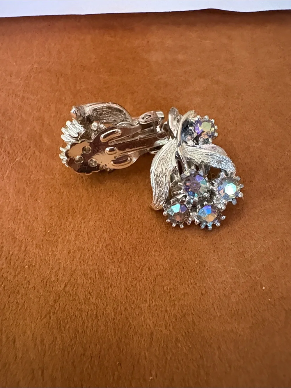 Silver Aurora Borealis Crystal Flower Clip-On Earrings - Women Jewelry
